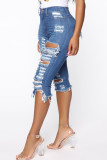 Blue Denim Button Fly Mid Patchwork Solid Hole washing Old Straight Capris Bottoms