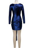 Blue Sexy Fashion Cap Sleeve Long Sleeves V Neck Asymmetrical Mini Solid Patchwork asymmetrical
