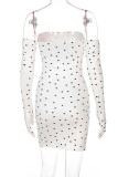 White Sexy Print Patchwork Strapless Pencil Skirt Dresses
