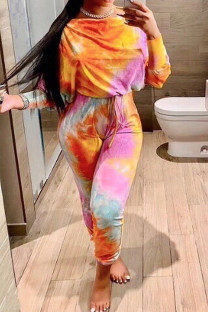 Yellow British Style Print Tie-dye O Neck Long Sleeve Two Pieces