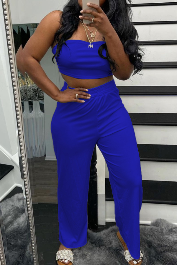 Blue Sexy Solid Patchwork Strapless Sleeveless Two Pieces