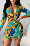 Blue Sexy Print Patchwork Turndown Collar Pencil Skirt Dresses