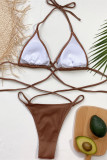 Deep Coffee Fashion Sexy Solid Hollowed Out Backless Strap Design Swimwears