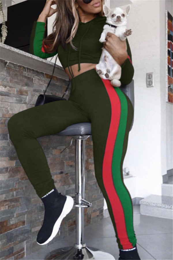 Army Green Casual Sportswear Patchwork Basic Hooded Collar Long Sleeve Two Pieces