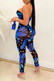 Blue Sexy Print Patchwork Off the Shoulder Skinny Jumpsuits