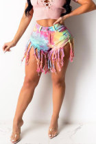 Yellow Dark Blue Denim Button Fly Sleeveless Mid Patchwork Print Tassel Old Straight shorts Bottoms