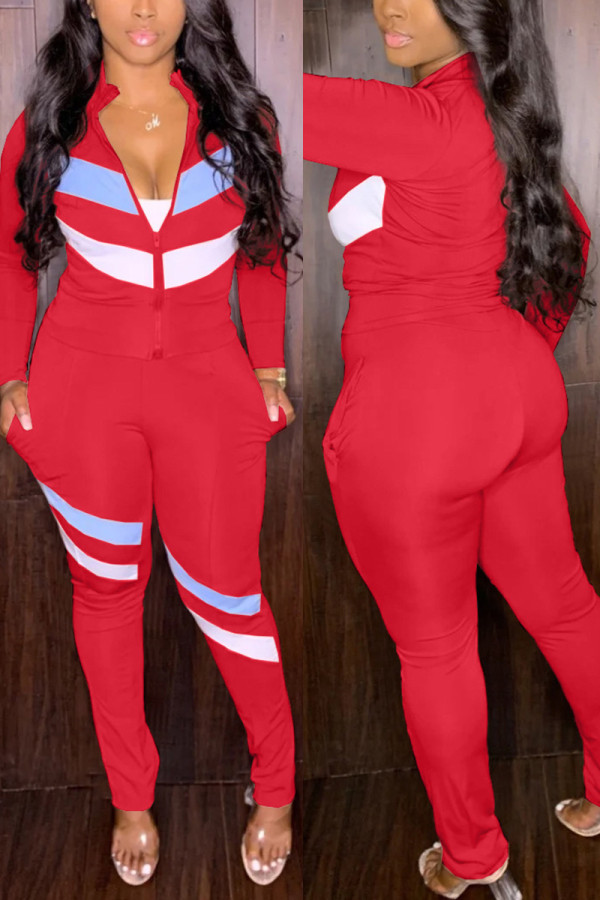 Red Casual Sportswear Patchwork Patchwork Zipper Collar Long Sleeve Two Pieces