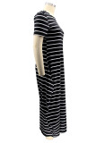 White Fashion Casual Plus Size Striped Print Basic O Neck Short Sleeve Dress