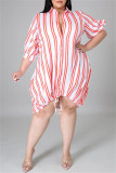 Black Fashion Casual Plus Size Striped Print Basic Turndown Collar Shirt Dress