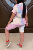 Powder blue Fashion Casual adult Patchwork Print Tie Dye Gradient Two Piece Suits pencil Short Sleeve Two Pieces