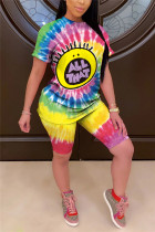 Multi-color Casual Print Patchwork O Neck Short Sleeve Two Pieces