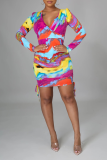 Colour Sexy Print Patchwork V Neck Pencil Skirt Dresses
