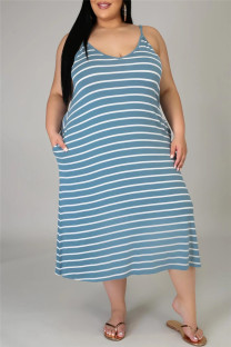 Grey Sexy Casual Plus Size Striped Print Backless Spaghetti Strap Sleeveless Dress