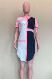 Pink Casual Solid Patchwork Turndown Collar Shirt Dress Dresses
