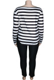 Black Casual Striped Print Patchwork O Neck Plus Size 