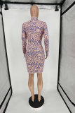 Pink Sexy Print Patchwork Turtleneck Pencil Skirt Dresses