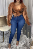 Dark Blue Fashion Casual Solid Ripped High Waist Skinny Jeans