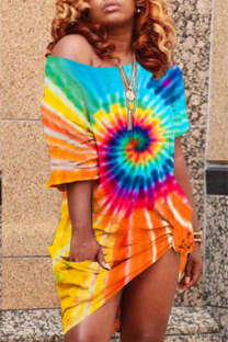 Blue Fashion Cap Sleeve 3/4 Length Sleeves O neck Step Skirt Mini Rainbow Paisley asymmetrical