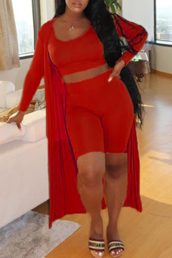 Red Casual Solid Patchwork U Neck Three Pieces