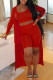 Red Casual Solid Patchwork U Neck Three Pieces