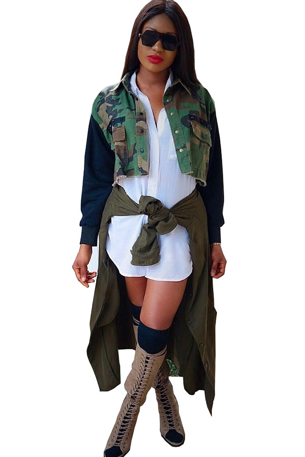 Camouflage Turndown Collar Patchwork Camouflage Print Blazer & Suits &Jacket