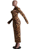 Green Street Print Leopard O Neck Long Sleeve Two Pieces