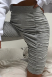Grey Casual Solid Fold Regular Mid Waist Straight Solid Color Bottoms