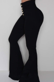 Red Street Solid Buckle Boot Cut High Waist Speaker Patchwork Bottoms