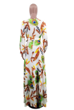 White Casual Print Draw String V Neck Cake Skirt Dresses