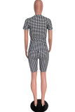 Black Fashion Casual Print Basic O Neck Short Sleeve Two Pieces