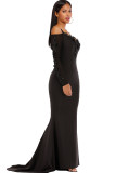 Blue Sexy Spaghetti Strap Long Sleeves V Neck Step Skirt Floor-Length Solid