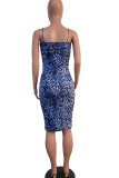 Blue Fashion Casual adult Ma'am Spaghetti Strap Sleeveless Slip Pencil Dress Knee-Length Print Leopard Dresses