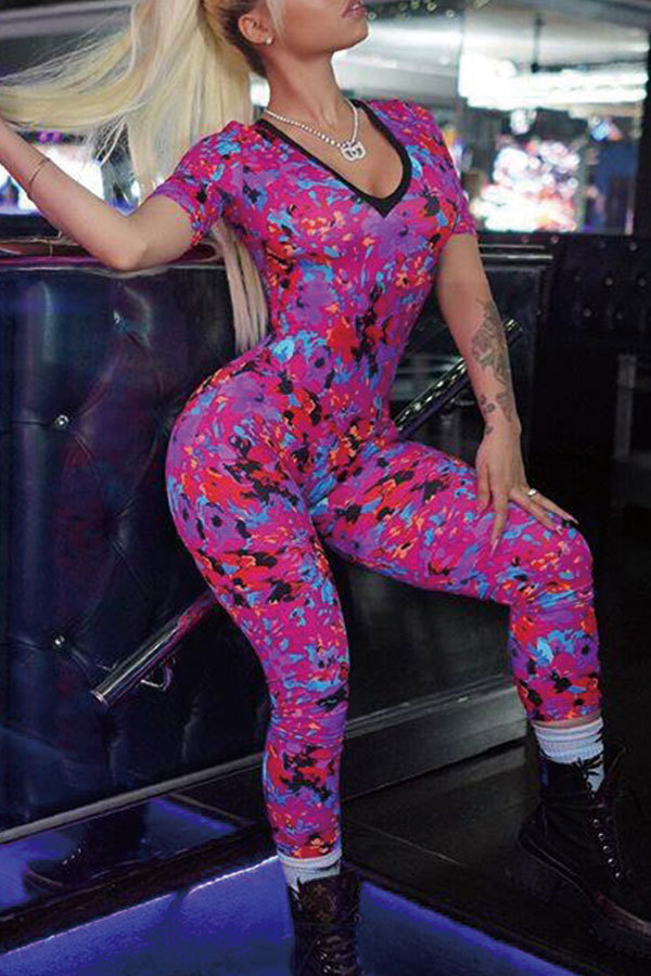 purple Sexy Fashion Print Patchwork Short Sleeve V Neck Jumpsuits