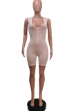 Pink Casual Sportswear Solid Basic Zipper Collar Skinny Romper