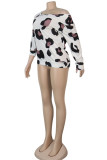 White One Shoulder Collar Long Sleeve Leopard Slim fit Tops
