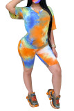 Orange Fashion Casual adult Patchwork Print Tie Dye Two Piece Suits Straight Short Sleeve Two Pieces
