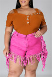 Rose Red Fashion Casual Solid Tassel Plus Size Jeans