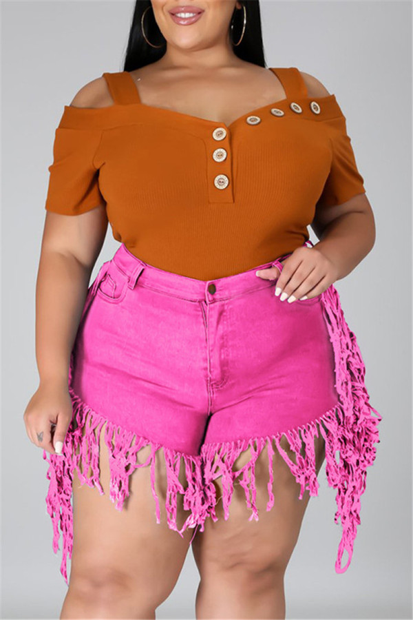 Rose Red Fashion Casual Solid Tassel Plus Size Jeans