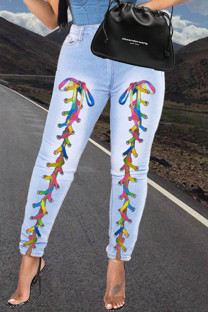 Baby Blue Fashion Casual Solid Strap Design High Waist Regular Jeans