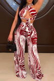 Blue Fashion Sexy Print Backless Strapless Sleeveless Two Pieces
