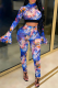 Blue Sexy Print Mesh Half A Turtleneck Long Sleeve Two Pieces