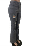 Grey Fashion Casual Solid Ripped Mid Waist Boot Cut Jeans