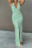 Red Fashion Sexy Print Backless Slit Halter Sleeveless Dress