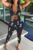 Black Sexy Print Patchwork Frenulum Backless Halter Sleeveless Two Pieces