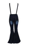 Light Blue Dark Blue Denim Bib pants Sleeveless High Patchwork Solid Hole Boot Cut Pants Bottoms