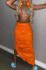 Tangerine Sexy Print Patchwork Frenulum Asymmetrical Halter Sleeveless Two Pieces