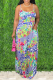 Colorful Blue Sexy Print Patchwork Spaghetti Strap Straight Dresses