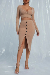 Khaki Elegant Solid Patchwork Slit Square Collar Long Sleeve Two Pieces