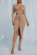 Khaki Elegant Solid Patchwork Slit Square Collar Long Sleeve Two Pieces
