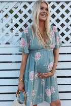 Blue Sexy Fashion Cap Sleeve Short Sleeves V Neck A-Line Knee-Length Patchwork Print 